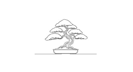 Elegant one-line drawing of a bonsai tree expressing serenity and japanese art form of cultivation