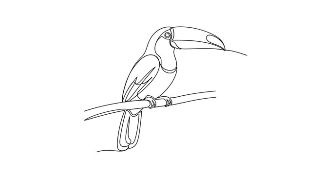 Elegant minimalist line art of a toucan perched on a branch showcasing simplicity and grace