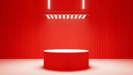 A striking 3d rendering of a vibrant red cylindrical pedestal or podium illuminated by a modern rectangular overhead light fixture against a textured red vertical slat wall, creating a dramatic presen