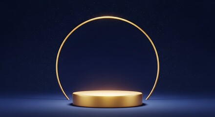 A luxurious golden circular podium or stage with a glowing ring arch against a dark blue background sprinkled with tiny white stars, perfect for product display or award presentation