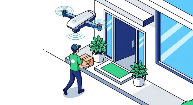 A delivery man and a quadcopter drone collaborate to deliver a package to a modern residential doorstep in an isometric illustration