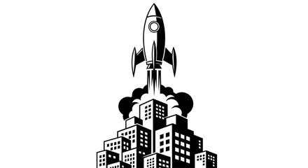 Dramatic monochrome illustration of a rocket launching from a futuristic city landscape