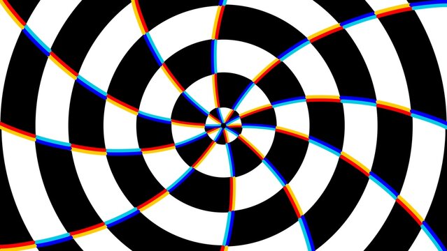 Hypnotic black and white concentric circles with colorful red, yellow, blue warped lines creating optical illusion of spinning vortex. Abstract Op Art background