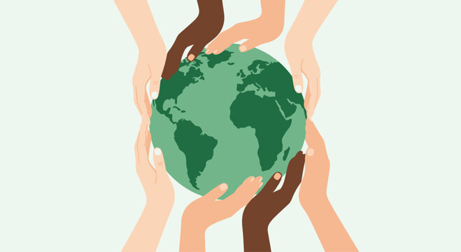 Diverse hands embracing the globe, symbolizing unity and environmental awareness illustration