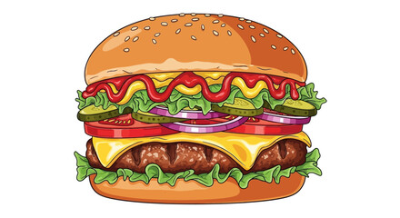 Delicious and visually appealing cartoon burger illustration on white background