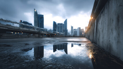 Fototapeta premium Water Droplets Dripping Off Concrete Near Downtown Building Area During Overcast Day with Reflections on Wet Surface
