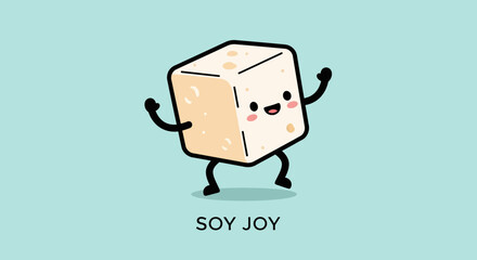 Cute tofu character with smiling face and arms expresses joy and happiness, light background