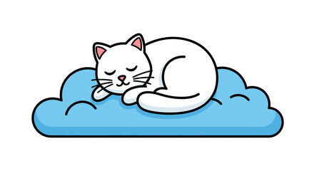 Cute White Cat Cartoon Sleeping on a Blue Cloud Illustrative Style Design
