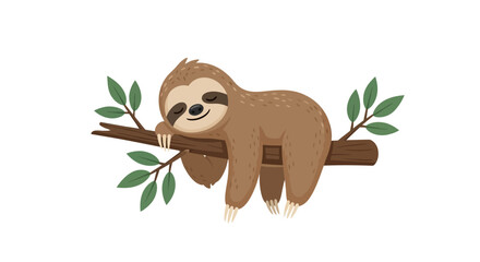 Naklejka premium Cute cartoon sloth sleeping on a tree branch, vector illustration for kids isolated on white