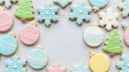Pastel Christmas sugar cookies frame on white marble background. Decorated holiday biscuits including snowflakes, trees, and baubles arranged as a border with copy space