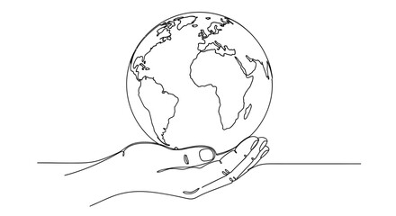 Continuous line art illustration of a hand holding the Earth globe in minimalist design for