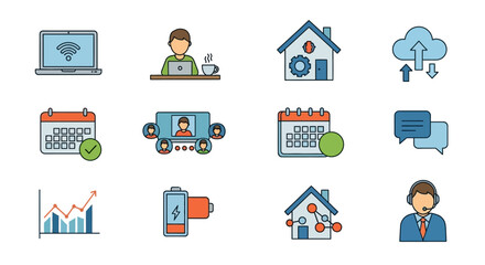 Collection of stylized vector icons illustrating remote work and online communication for various