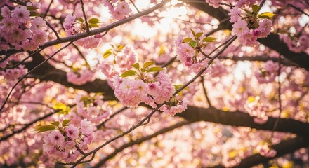 Gentle pink blooms cascading across branches, sunlit blossoms creating a tranquil and dreamlike