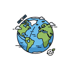 Naklejka premium A conceptual illustration of a green planet with global network connections, an orbiting space satellite, and a sustainability recycle symbol