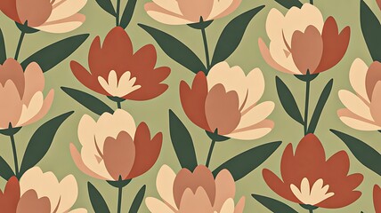 Floral pattern with abstract blooming flowers and green leaves

