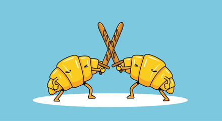 Cartoon Croissant Duel: Two Croissant Characters Fighting with Baguette Swords