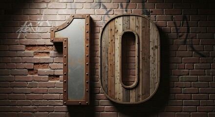 Rustic number ten on brick wall with dramatic lighting and shadow effects