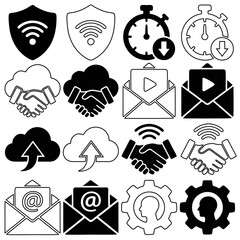 Web Technology and Digital Marketing Icon Set. Vector collection covering secure Wi-Fi, fast download, cloud partnership, video mail, data upload, wireless agreement, email contact, and user settings 