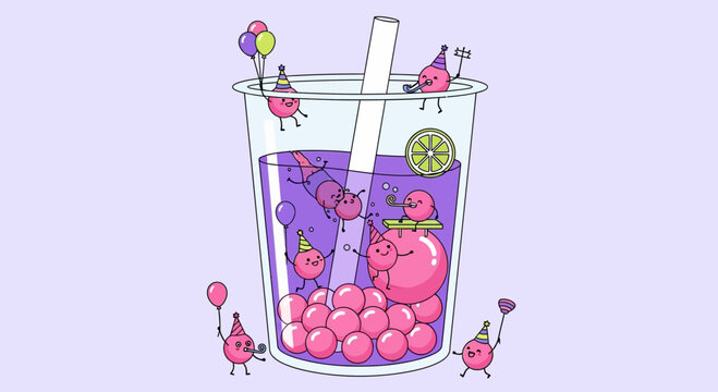 Cartoon Illustration of a Celebration with Pink Boba Characters in a Bubble Tea Cup