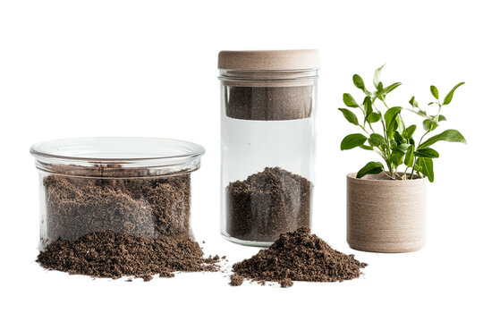Rich soil displayed near a small plant on a black transparent background