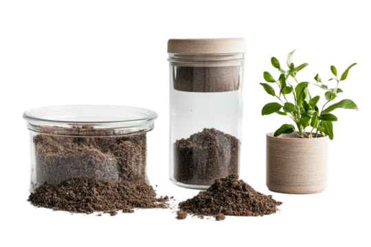 Rich soil displayed near a small plant on a black transparent background