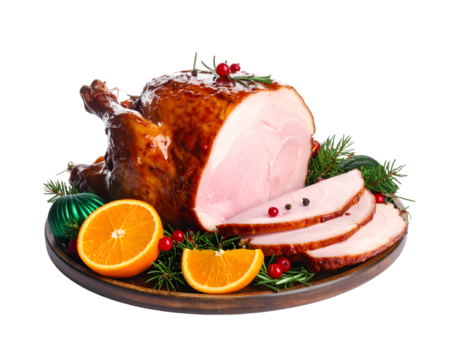 Delicious Christmas meal of roast ham, oranges and vegetables isolated on transparent png