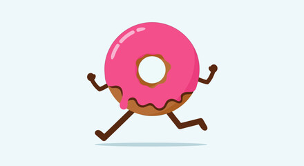 Animated running donut character with pink frosting and chocolate details on a light backdrop