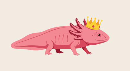 Adorable Pink Axolotl Wearing a Golden Crown in a Whimsical Cartoon Illustration