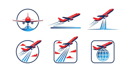 Airplane travel and tourism logo set with red planes taking off or landing on blue backgrounds