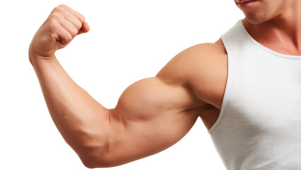 Muscular man in white tank top flexing arm showing bicep muscle, isolated on transparent background