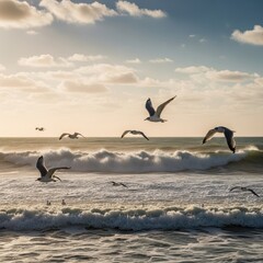 Coastal avian ballet aerial grace on undulating oceanic canvas in tranquil dawn ambience