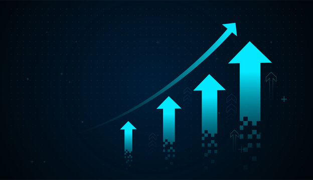 A series of glowing digital arrows rises alongside a curved growth line, symbolizing strong financial performance and data-driven market acceleration. Pixel elements