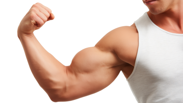 Muscular man in white tank top flexing arm showing bicep muscle, isolated on transparent background