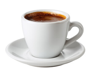 White cup of coffee with golden crema foam on saucer, isolated on transparent background
