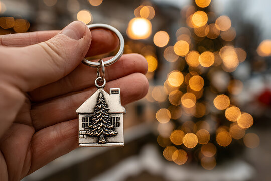 Hand Holding House-Shaped Keychain with Engraving Christmas Tree Background Real Estate Theme Warm Bokeh Lights, Happy New Year 2026 and Christmas Day