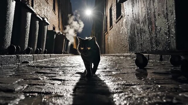 Mysterious shadows stretch behind a creeping alley cat at midnight