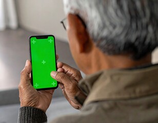 An elderly person's hands holding a smartphone with a vibrant green screen, viewed from the rear. Focus on the phone