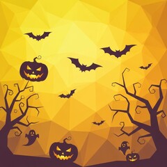 Eerie enchantment: Silhouetted Halloween motifs against golden geometric facets create a spooky