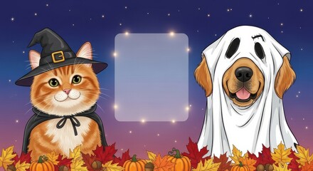 Whimsical Halloween characters in costumes, perfect for festive announcements and themed creative