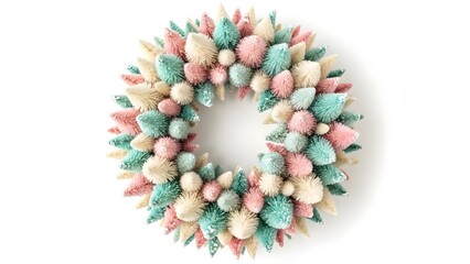 Pastel Christmas Wreath Made of Colorful Bottle Brush Trees Isolated on White Background, Retro Holiday Decoration