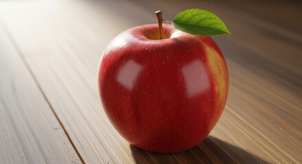 A solitary, ripe red apple with a vibrant green leaf rests on a wooden surface illuminated by soft