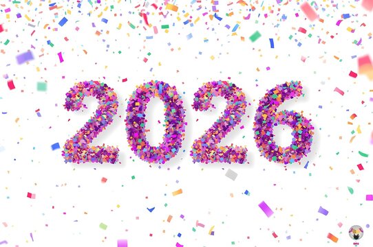 Bright and colorful confetti explosion celebrating the year 2026 with a festive and joyous atmosphere