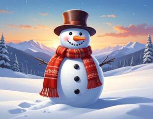 Animated snowman wearing a scarf and hat, snowy mountain backdrop
