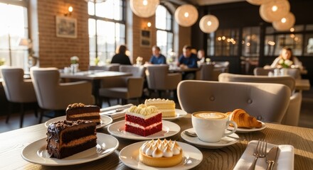 Decadent Dessert Selection and Coffee in an Elegant Cafe Ambience for a Relaxing Treat