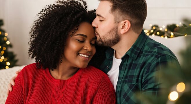 Happy young interracial couple celebrating Christmas at home, man kissing woman's forehead with love and affection during holiday season