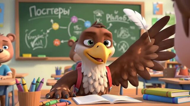 A friendly cartoon eagle student raising its feather hand in a classroom