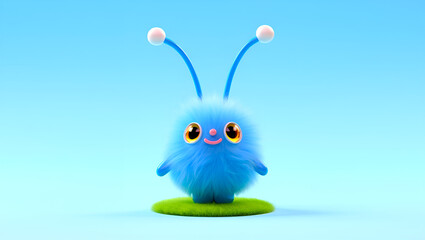 Cute Blue Fluffy Character on Green Grass Cheerful and Whimsical, Generative AI