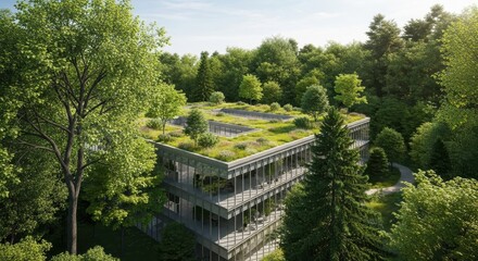 Sustainable design: Modern office building with extensive green roof in lush forest setting