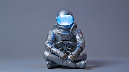 Meditating Astronaut Silver Figure in Lotus Position on a Gray Backdrop, Symbolizing Tranquility and Space Exploration, Generative AI