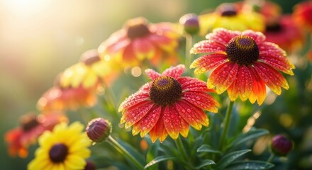 Radiant helenium blooms glistening with dewdrops bathed in the gentle morning sunlight